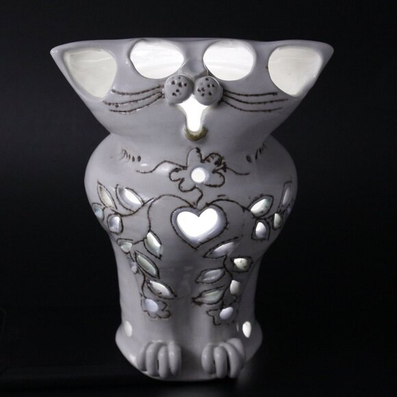 Ceramic cat tealight cover, kitty lantern, vintage cat lady home decor - Picture 1 of 10
